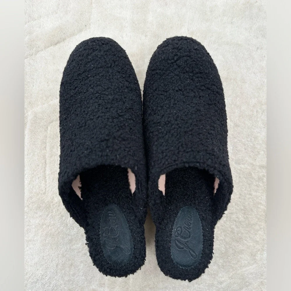 ⛔️SOLD⛔️J. Crew Black Sherpa Wooden Clogs Round Toe Mules Slip ons Size 8.5 - Picture 3 of 9